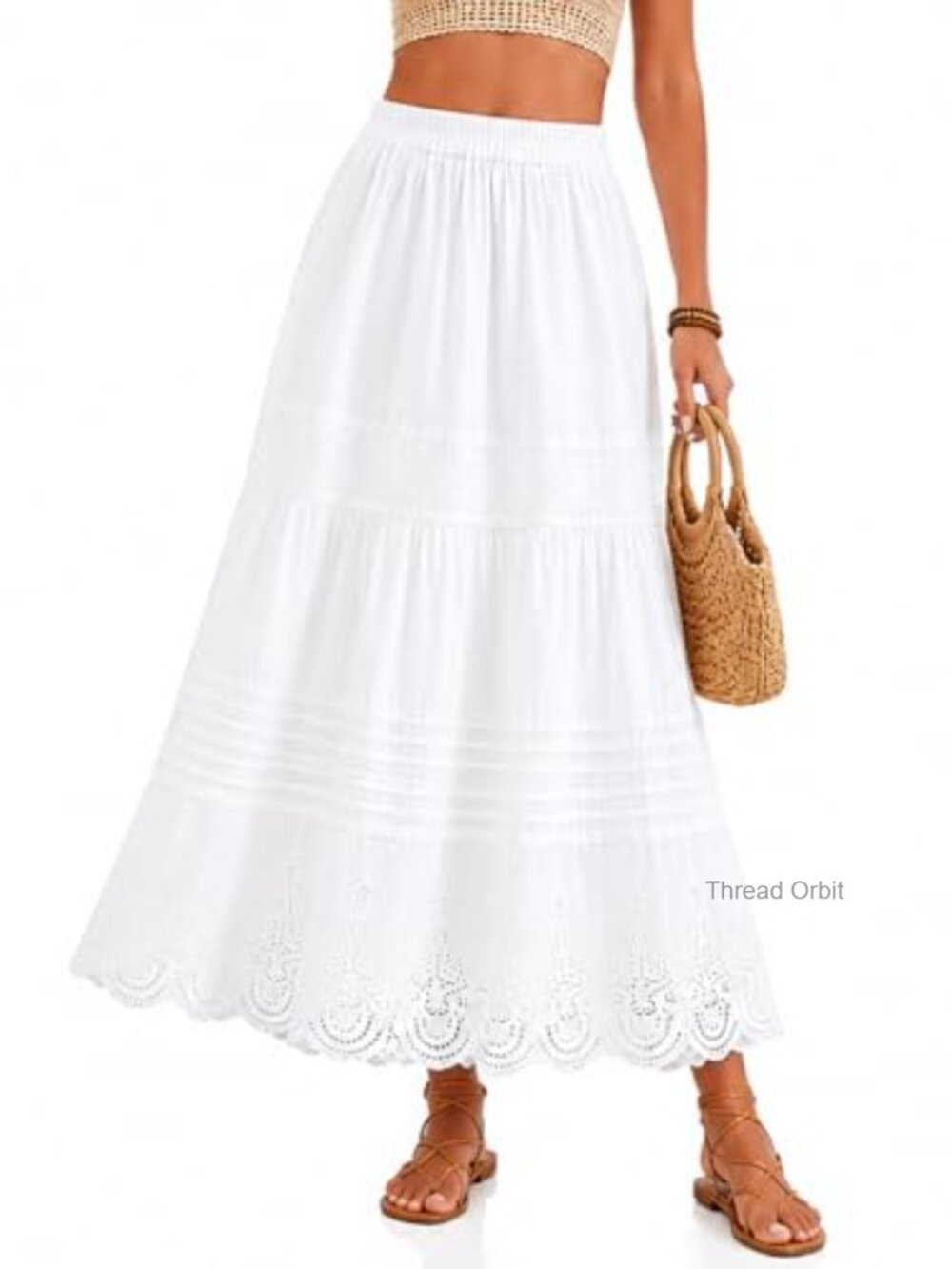 Women's Cotton Midi Skirt Embroidered Eyelet Pintuck Flowy A-Line Boho Summer